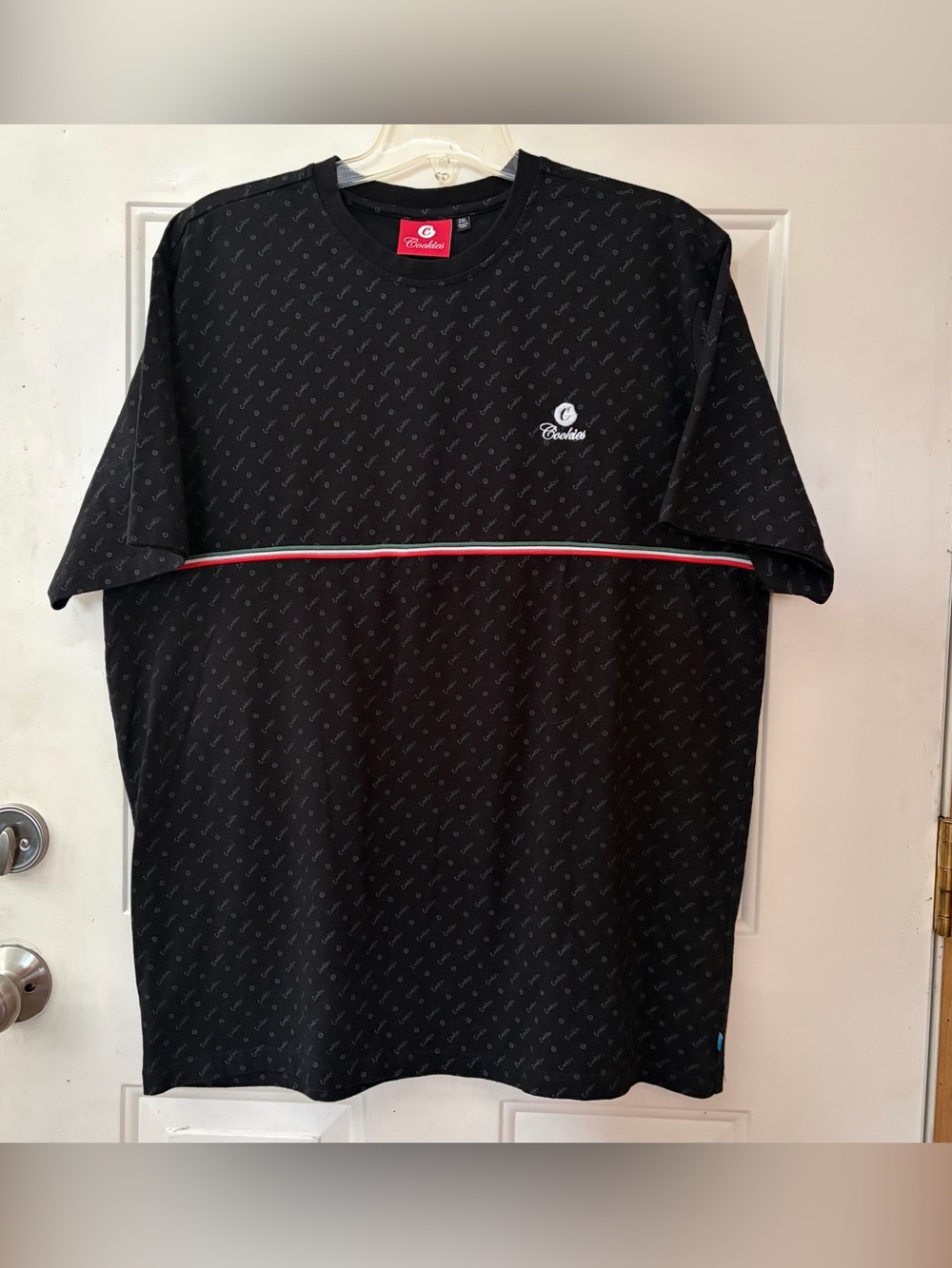 Crooks & Castles Black Short-Sleeve Tee with Red-White-Green Chest Stripe